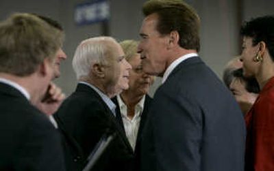 
Sen. John McCain and Gov. Arnold Schwarzenegger, R-Calif., mingle after a roundtable discussion Thursday in Union City, Calif.Associated Press
 (Associated Press / The Spokesman-Review)