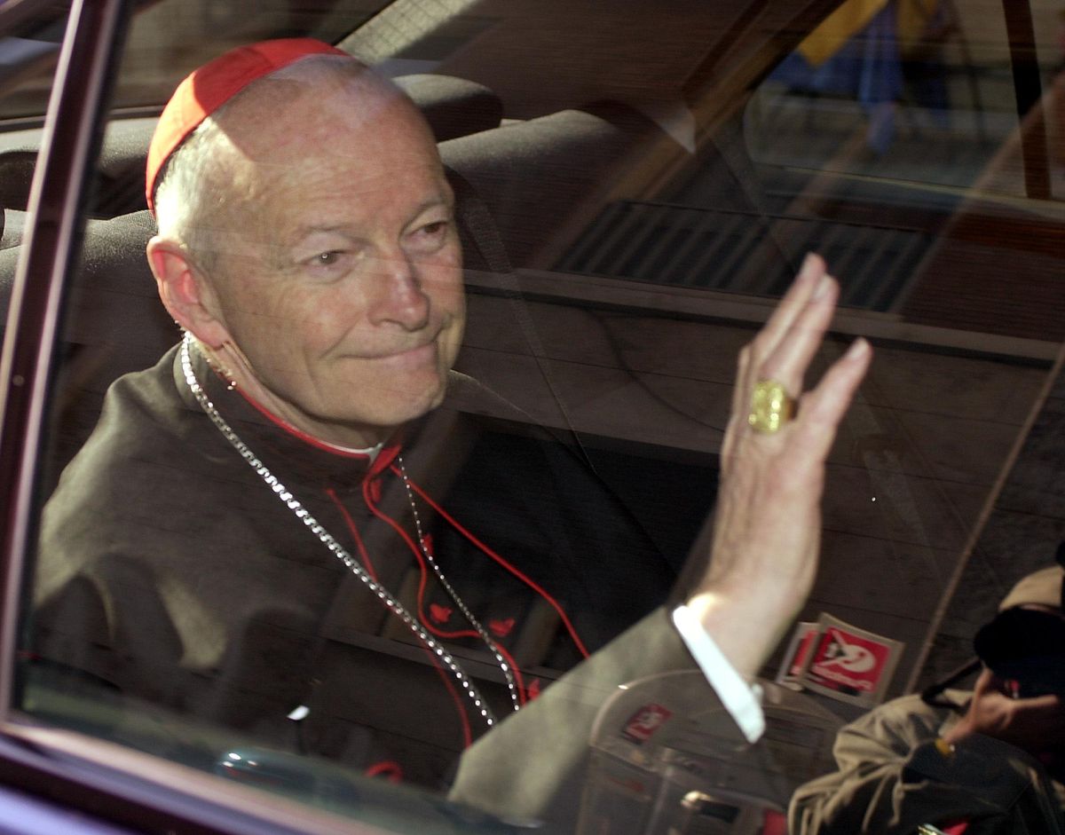 On April 23, 2002,  Cardinal Theodore McCarrick of the Archdiocese of Washington, waves as he arrives at the Vatican in a limousine. On Saturday, Feb. 16, 2019, the Vatican announced Pope Francis defrocked former U.S. Cardinal Theodore McCarrick after Vatican officials found him guilty of soliciting for sex while hearing Confession. (Andrew Medichini / Associated Press)