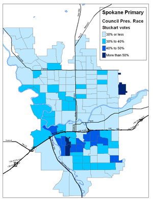 Map of vote totals for Ben Stuckart in Spokane City Council President primary, as of Aug. 18, 2011. (Jim Camden)