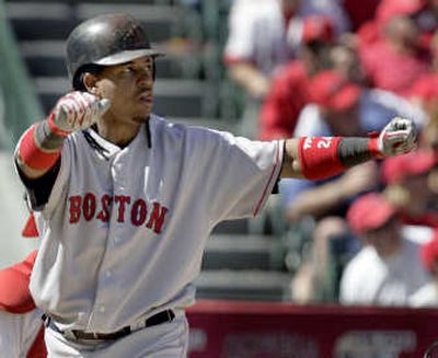 Boston's Manny Ramirez reacts after hitting a fourth-inning home run against Los Angeles.Associated Press
(Associated Press / The Spokesman-Review)