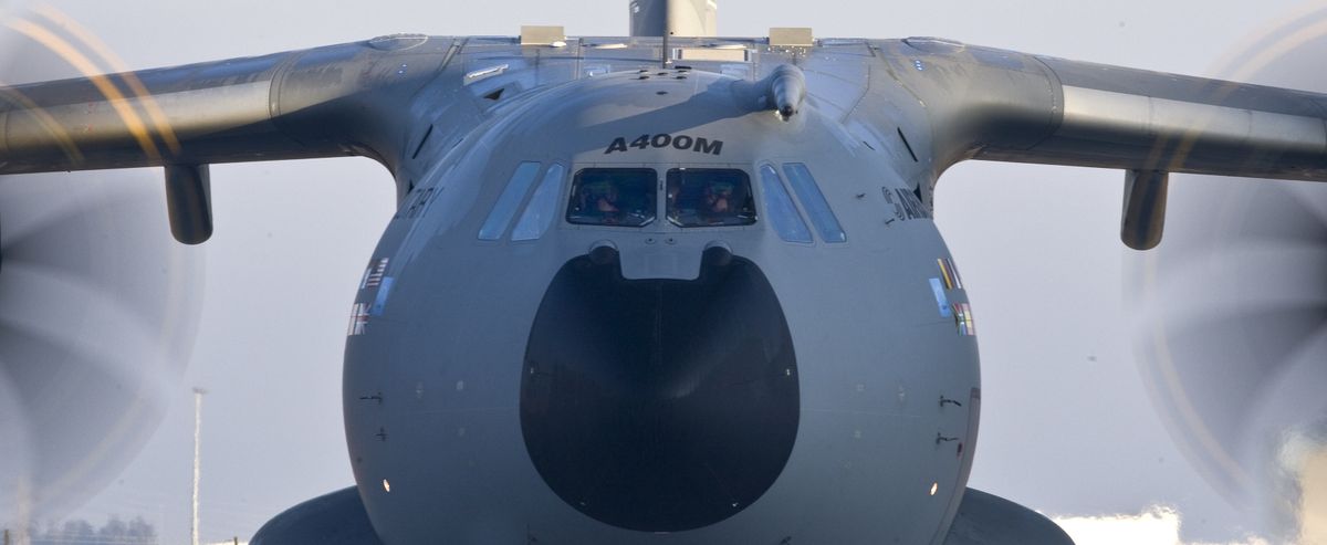 The A400M military transport plane  finally took to the skies for its inaugural flight  Friday. The  program was launched six years ago with an order for 180 planes,  but the project is running at least three years behind schedule. Associated Press photos (Associated Press photos)