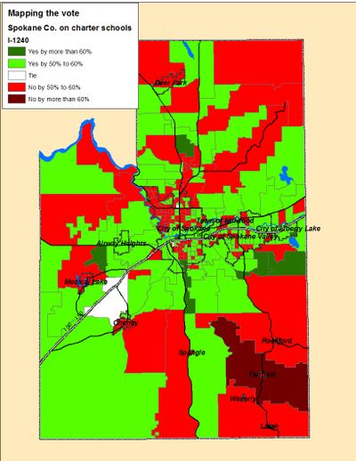 Map of the Spokane County vote on I-1240 in the Election Night count (Jim Camden)