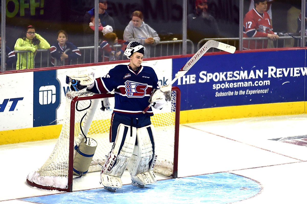 Spokane Chiefs goalie Lasse Petersen shows his disappointment during the WHL playoff Game 6 against the Victoria Royals at the Spokane Arena on Sunday, April 3, 2016. The Chiefs lost 6-2 and were eliminated. (Kathy Plonka / The Spokesman-Review)