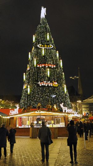 Above: One of the world’s biggest Christmas trees illuminates the Christmas market in the city center of Dortmund, western Germany. The 45-meter high, 30-ton tree was made of 1,700 Norwegian spruces.
