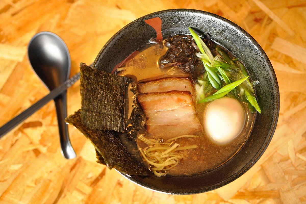 Tonkotsu features a rich pork broth, sliced pork, pickled ginger, wood ear mushrooms, green onion, soy sauce, seaweed and egg. It’s an early top-seller at the new O-Ramen restaurant in downtown Pullman. (Adriana Janovich / The Spokesman-Review)