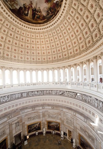 Constantino Brumidi’s painting of the “Apotheosis of Washington” is seen on the ceiling of the U.S. Capitol’s rotunda during a media tour Dec. 19 in Washington, D.C.