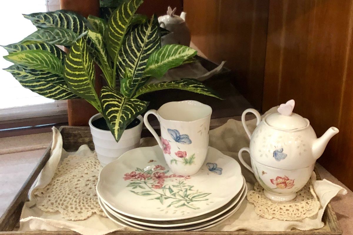 Dolly Parton's now-retired tour bus can be toured at Dollywood. Her signature butterflies can be spotted around the rig, including on this tea set. (Leslie Kelly)