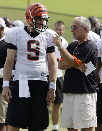 Former WSU Cougar Bob Bratkowski, right, was let go by the Bengals and joins the Falcons as QBs coach. (Associated Press)