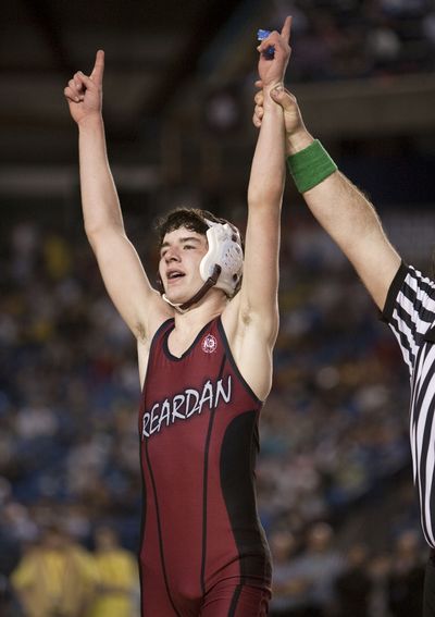 Reardan’s Logan Zunker reacts after winning the 135-pound State 2B/1B championship. Reardan also won the state team title.  Special to  (Patrick Hagerty Special to)