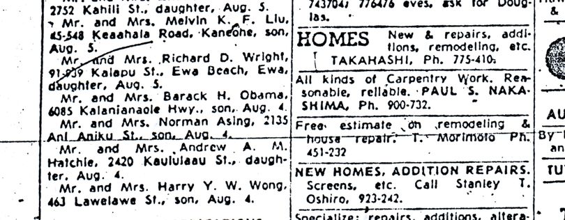 ORG XMIT: HIHAD101 This photo provided by the Honolulu Advertiser shows President Barack Obama's birth announcement, left column, center,  in the Sunday Aug. 13, 1961 edition of the paper. (AP Photo/The Honolulu Advertiser) (The Spokesman-Review)
