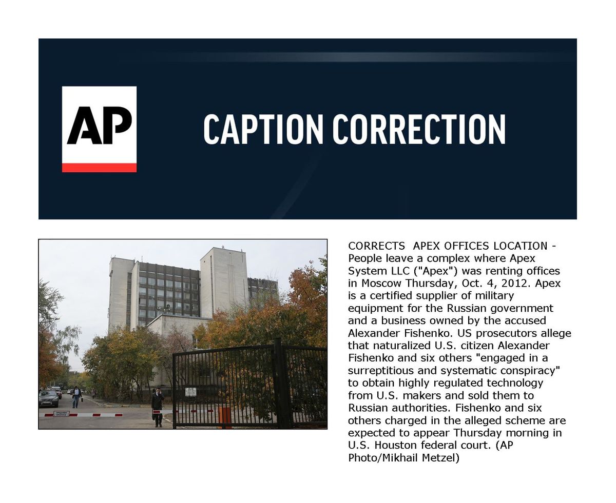 CORRECTS  APEX OFFICES LOCATION - People leave a complex where Apex System LLC ("Apex") was renting offices in Moscow Thursday, Oct. 4, 2012. Apex is a certified supplier of military equipment for the Russian government and a business owned by the accused Alexander Fishenko. US prosecutors allege that naturalized U.S. citizen Alexander Fishenko and six others "engaged in a surreptitious and systematic conspiracy" to obtain highly regulated technology from U.S. makers and sold them to Russian authorities. Fishenko and six others charged in the alleged scheme are expected to appear Thursday morning in U.S. Houston federal court. (Mikhail Metzel / Associated Press)