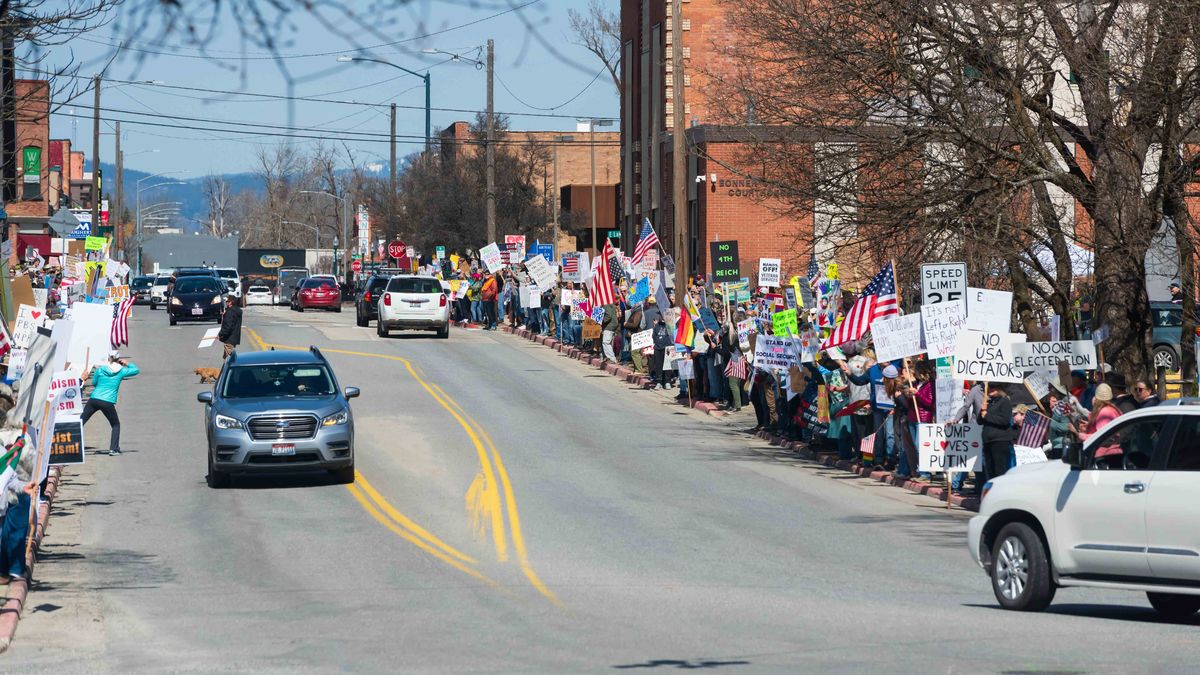 Hands Off! protesters line First Avenue Saturday in Sandpoint. (Hal Gates/Bonner County Democrats )