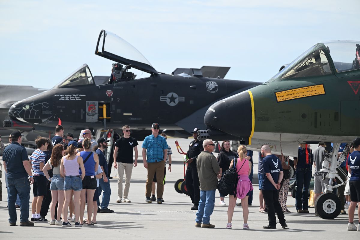 Two A-10 Thunderbolt II “Warthog” aircraft are shown before the start of the Skyfest airshow at Fairchild Air Force Base in 2024.  (Jesse Tinsley/THE SPOKESMAN-REVIEW)