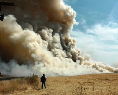 Sherm Takatori of the Department of Agriculture watches as a grass field goes up in smoke Tuesday, Aug. 15, 2006, at the start of the annual burning of grass fields. The burning gets rid of straw and weeds. The fire also shocks the grass plant into production for the next season. (Jesse Tinsley/photo)