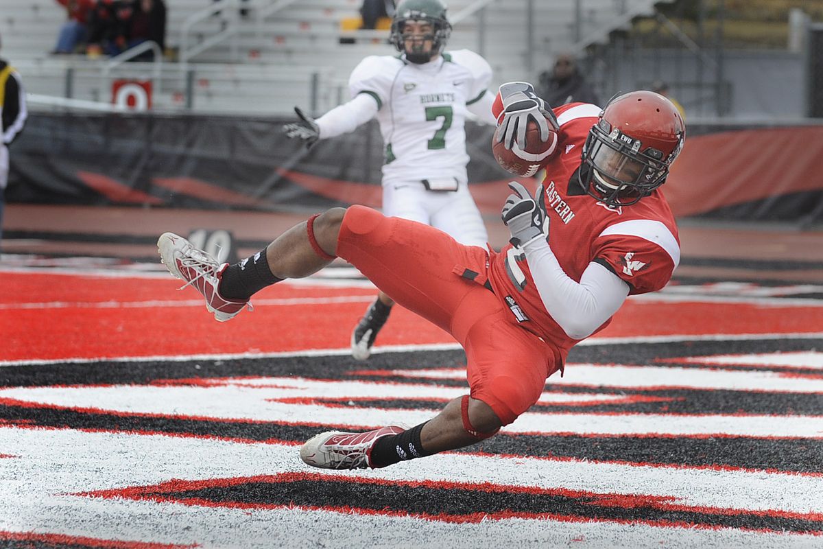 EWU wide receiver #2 Ashton Gant lands in the endzone with a touchdown on a pass from Bo Levi Mitchell against Sacramento State at Roos Field in Cheney Saturday October 23, 2010.  (Christopher Anderson / The Spokesman-Review)