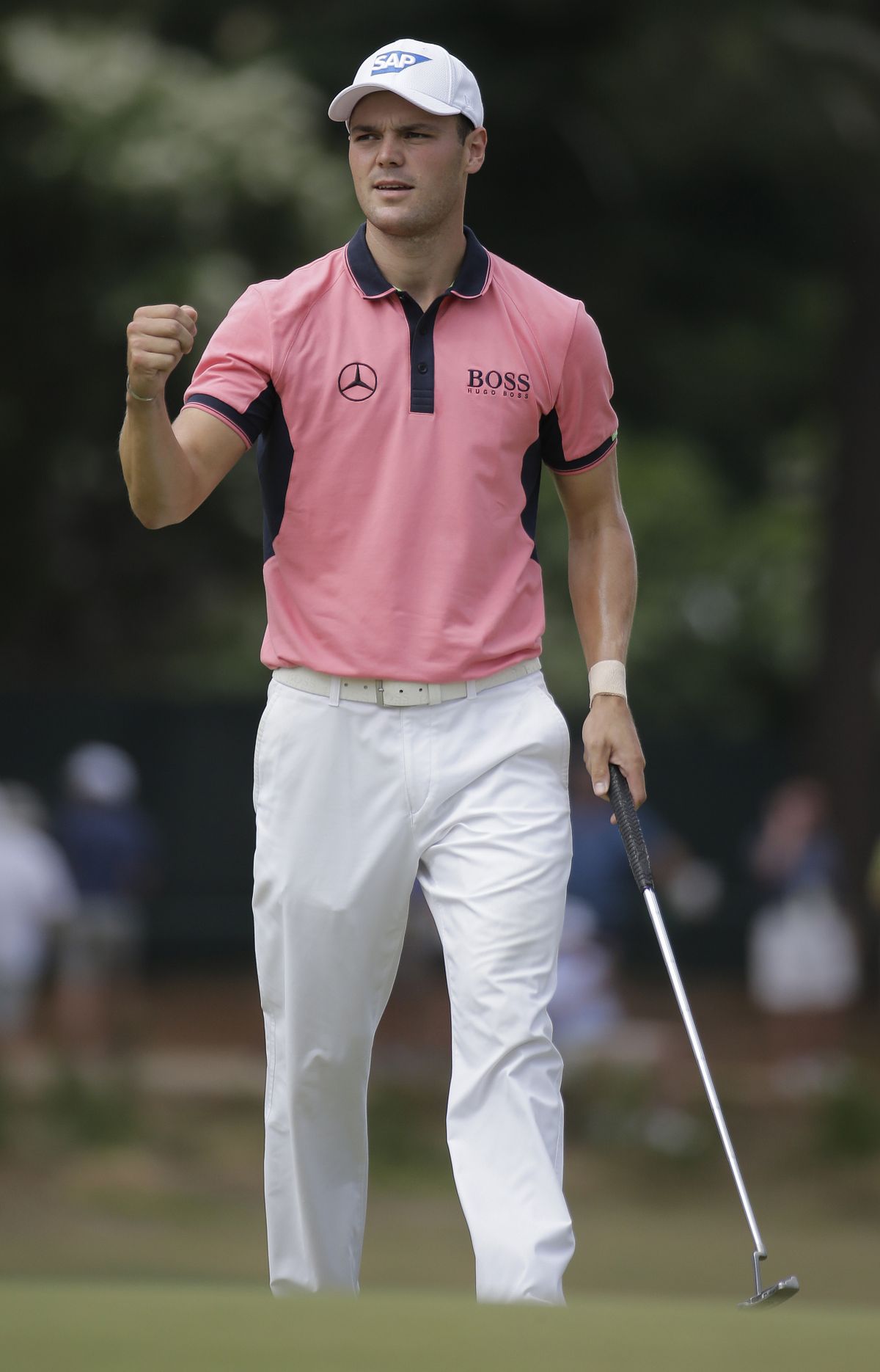Martin Kaymer, of Germany, celebrates an eagle on the fifth green during the third round of the U.S. Open. (AP)