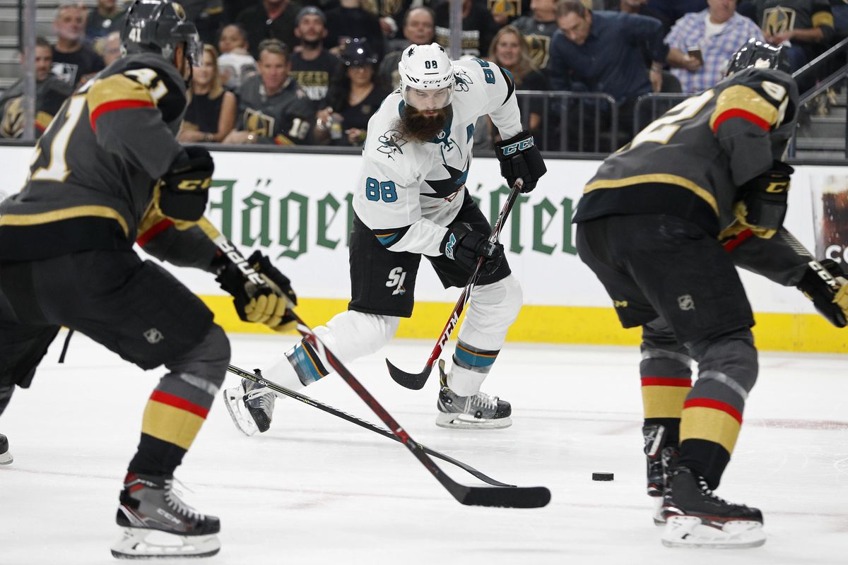 San Jose Sharks defenseman Brent Burns (88) works with the puck against the Vegas Golden Knights during the first period of Game 1 of an NHL hockey second-round playoff series Thursday, April 26, 2018, in Las Vegas. (John Locher / Associated Press)