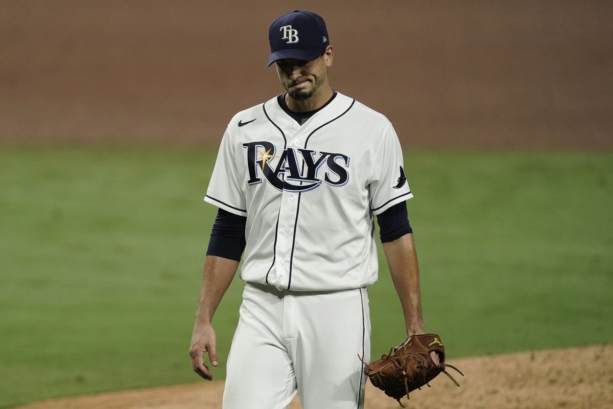 Tampa Bay Rays starting pitcher Charlie Morton walks off the mound after being relieved during the sixth inning in Game 7 of a baseball American League Championship Series against the Houston Astros, Saturday, Oct. 17, 2020, in San Diego.  (Ashley Landis)