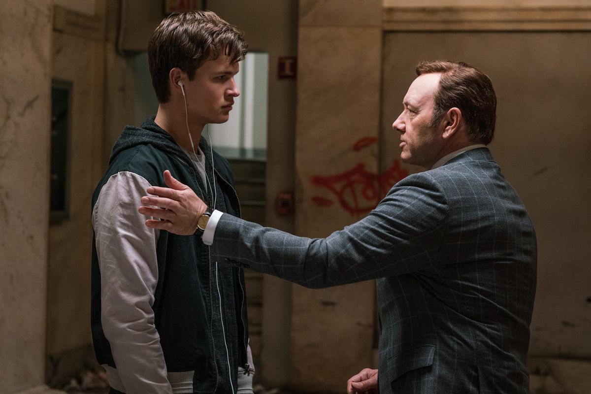 Doc (Kevin Spacey) tells Baby (Ansel Elgort) he has another job for him in “Baby Driver.” (Wilson Webb/TriStar Pictures)