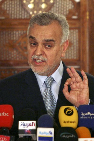 Iraq’s Vice President Tariq al-Hashemi speaks in Baghdad in 2007. (Associated Press)