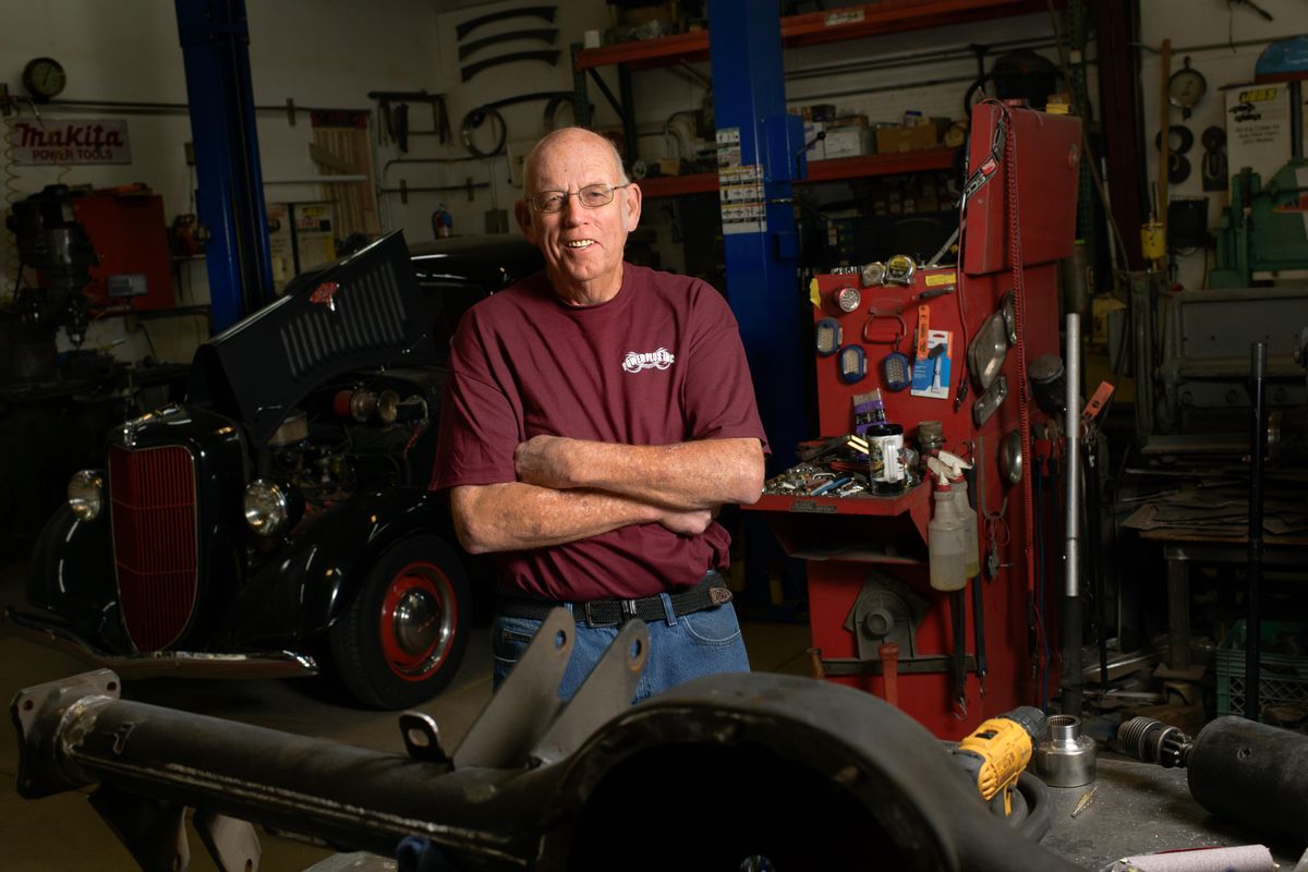 Hot rod builder Rich Gortsema stands for a photograph in his shop, Power Plus, in north Spokane on Sept. 18. (Tyler Tjomsland / The Spokesman-Review)