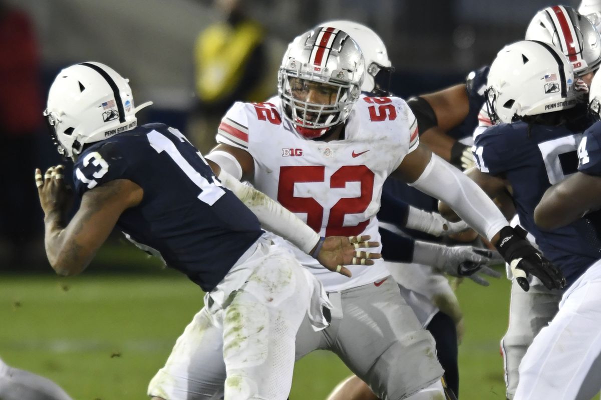 Ohio State offensive lineman Wyatt Davis attempts to block Penn State linebacker Ellis Brooks in State College, Pa., in October. Davis is likely to face his biggest challenge of the year against Alabama in Monday night’s national championship game.  (Barry Reeger)
