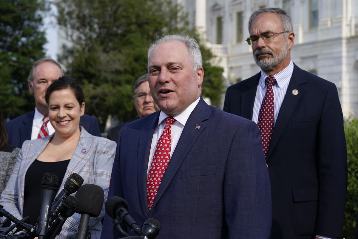 House Minority Whip Steve Scalise, R-La., joined by House Republican Conference Chair Elise Stefanik, R-N.Y., left, and members of the GOP Doctors Caucus, speaks during a news conference about the Delta variant of COVID-19 and the origin of the virus, at the Capitol in Washington, Thursday, July 22, 2021.  (J. Scott Applewhite)