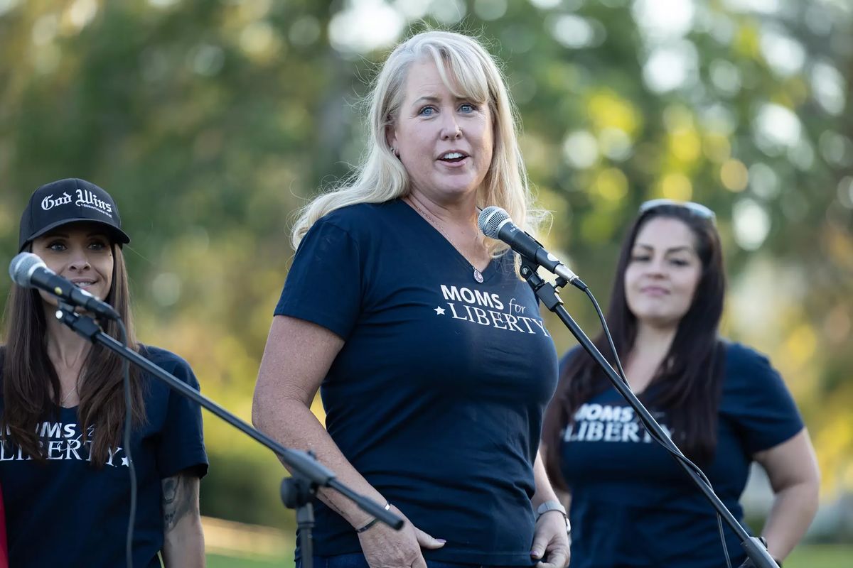 Karen Frost of Moms for Liberty speaks at a rally in Simi Valley last year.  (Myung J. Chun/Los Angeles Times/TNS)