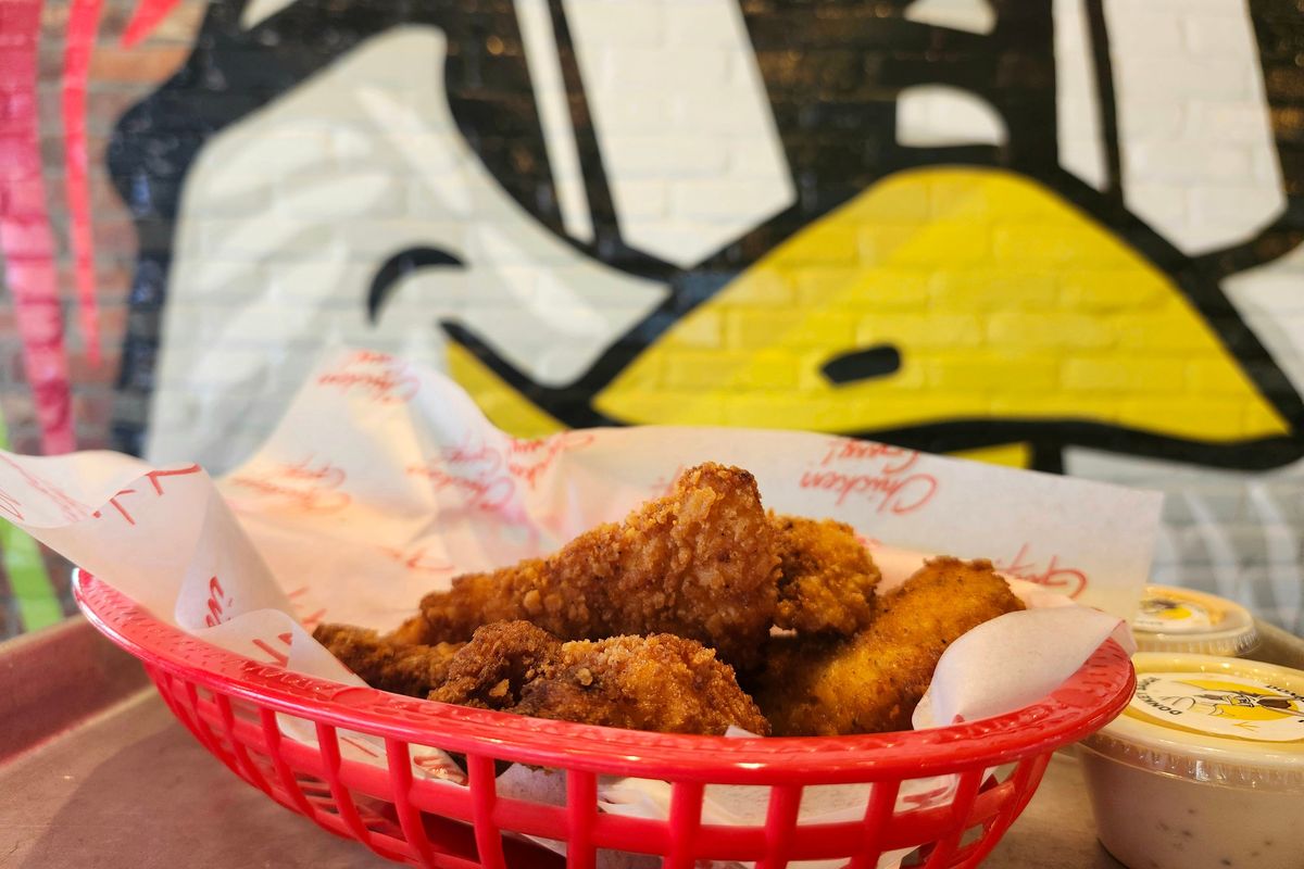 Much like its founder, Chicken Guy’s design has a lot of personality. We liked the sauces better than the chicken, though. (Amy Drew Thompson/Orlando Sentinel)