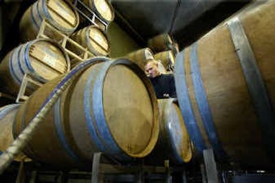 
Robert Field pumps Syrah wine into barrels for aging at the Maryhill Winery in Goldendale, Wash. While many vineyards in the Walla Walla area were hard hit by the last winter's weather, other grape-growing regions went unscathed. 
 (Christopher Anderson/ / The Spokesman-Review)