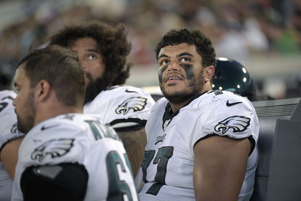 Philadelphia Eagles offensive tackle Andre Dillard (77) watches from the bench during a preseason game against Jacksonville on Aug. 15, 2019, in Jacksonville, Fla.  (Associated Press)