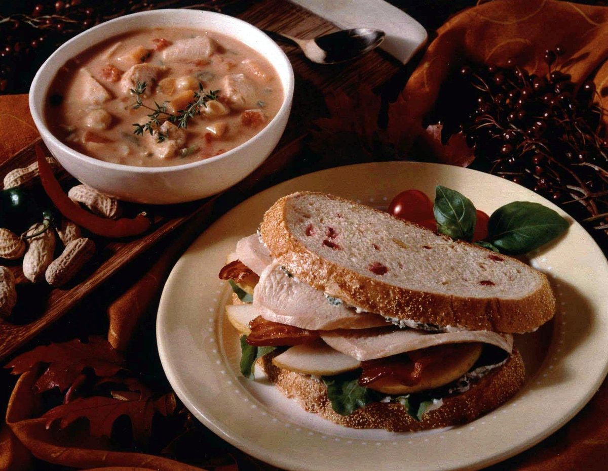Take the turkey leftovers from your Thanksgiving dinner and use them in Zesty Turkey & Peanut Soup and Pear & Bacon Delight. These two recipes were winners in a recent contest sponsored by the Butterball Turkey Co. (Associated Press)