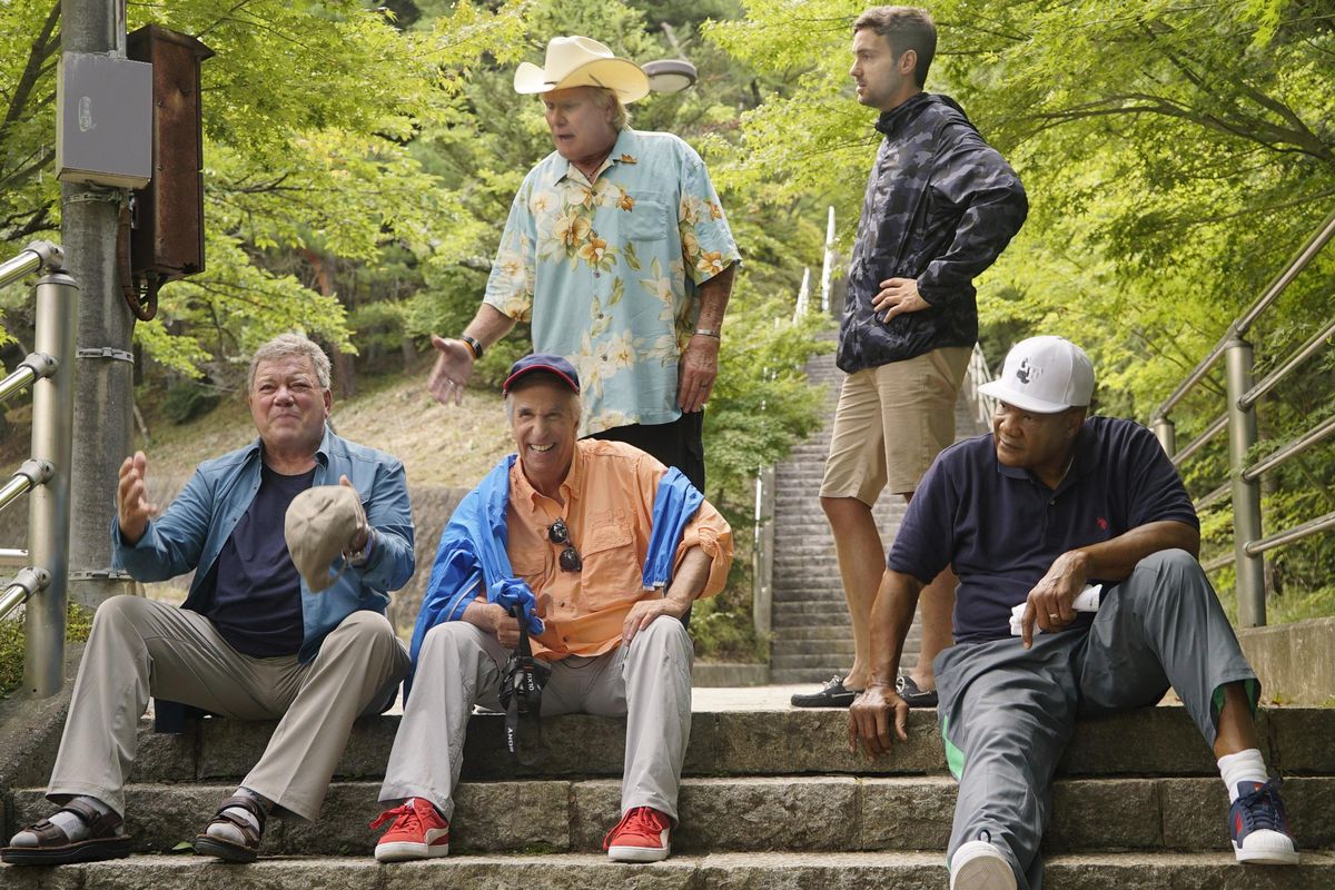 William Shatner, Henry Winkler, Terry Bradshaw, Jeff Dye, and George Foreman take a rest during season on of their travel/reality series, “Better Late Than Never.” Season two comes to NBC beginning Monday (NBC / Paul Drinkwater)