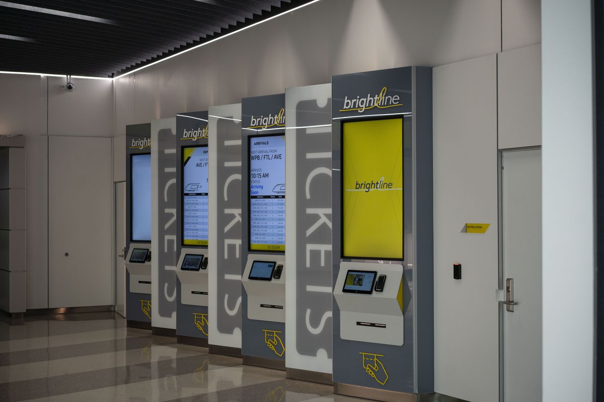 Brightline ticket kiosks at Orlando train station. MUST CREDIT: Thomas Simonetti for The Washington Post  (Thomas Simonetti/For The Washington Post)