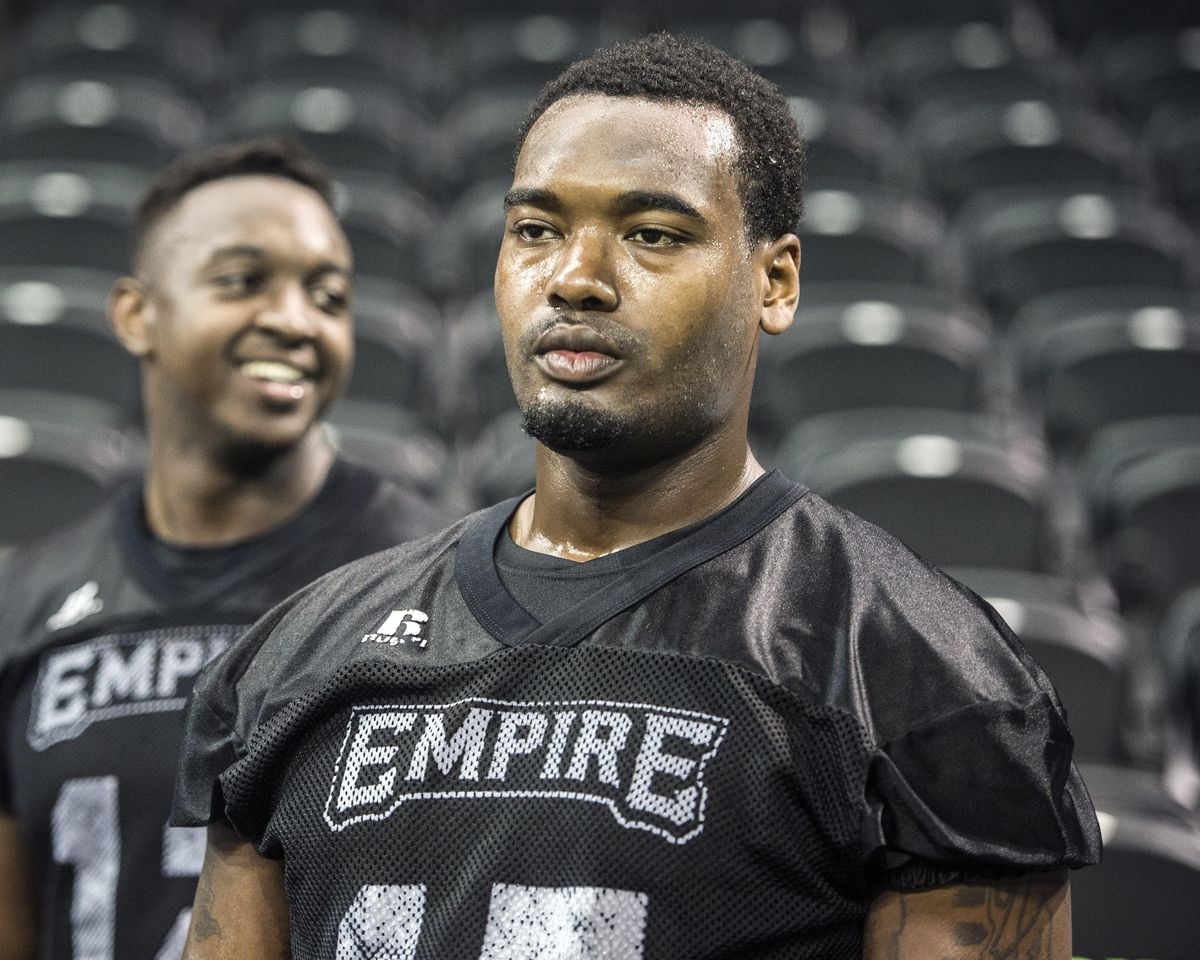 Spokane Empire defensive linemen Toby Jackson and Benjamin Perry, rear, said discipline and limiting mistakes will be big factors toward defeating Sioux Falls. (Dan Pelle / The Spokesman-Review)