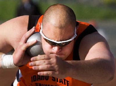 
Jeb Sion of Idaho State University took second in the shot put. 
 (Kathryn Stevens / The Spokesman-Review)