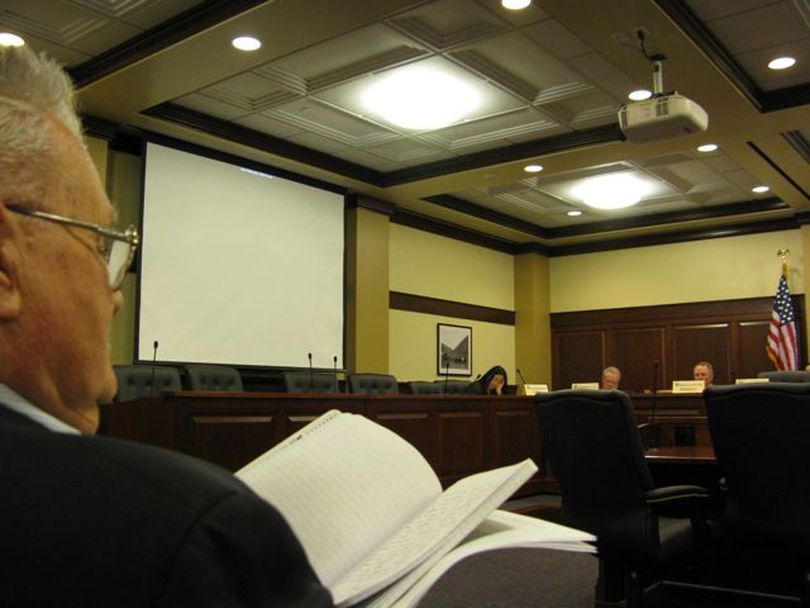 Rep. Tom Trail, R-Moscow, listens to testimony at an informational hearing Wednesday afternoon on his bill to legalize medical marijuana for limited use by the chronically ill. The hearing will continue on Monday, but no action is planned on the bill. (Betsy Russell)