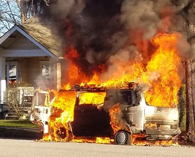 Tom Torgerson sends along this photo of a fire that engulfed a VW bus at 9th St/Foster Ave, CdA, before work Monday morning. Tom tells Huckleberries that the driver was able to escape injury before the flames spread.