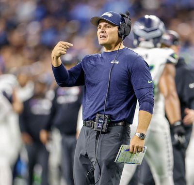 Seattle Seahawks coach Mike Macdonald calls for a two-point conversion off the Kenneth Walker touchdown in the third quarter against the Detroit Lions on Monday, Sept. 30, 2024, at Ford Field, in Detroit.   (Tribune News Service)