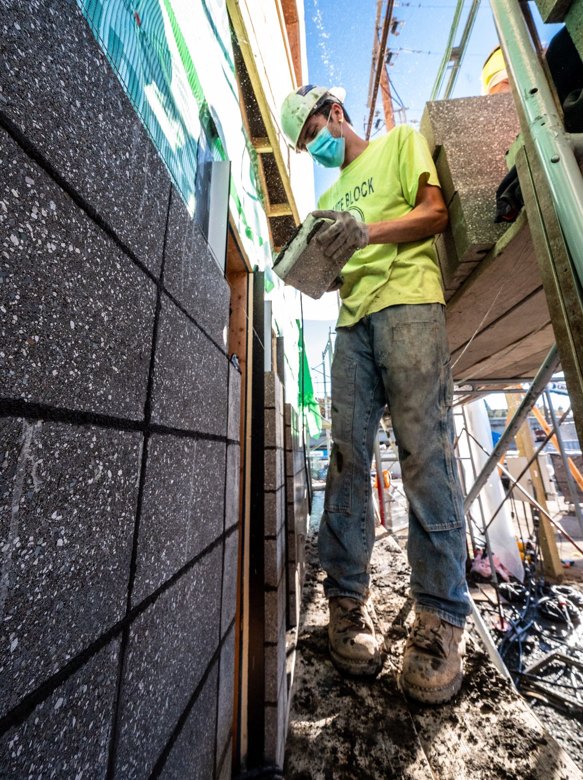 Logan Dyson with Spilker Masonry Co., works on an exterior wall of the new Hope House women’s shelter under construction at 1301 W. Third Ave.  (Colin Mulvany/THE SPOKESMAN-REVIEW)