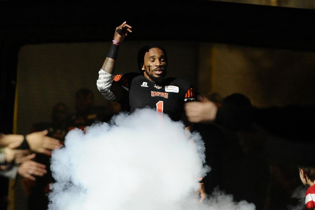 Spokane Empire wide receiver Samuel Charles (1) is introduced before a IFL game against the Arizona Rattlers, Friday, May 12, 2017, at the Spokane Arena. (James Snook / Special to The Spokesman-Review)