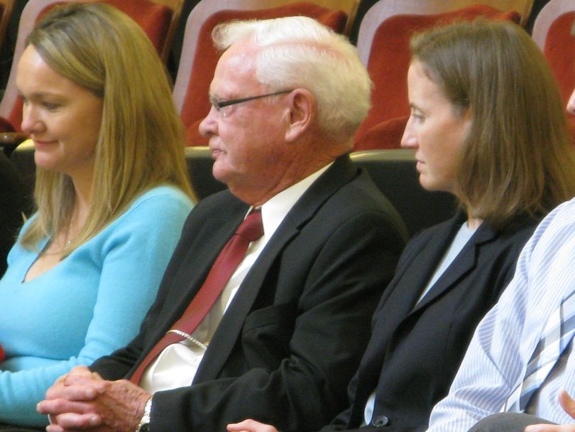 U.S. District Judge Edward Lodge, center, in the Idaho Senate gallery on Wednesday, as the Senate passed a resolution honoring him for his 50 years on the state and federal bench. Lodge is the state's longest-serving judge ever. (Betsy Russell)