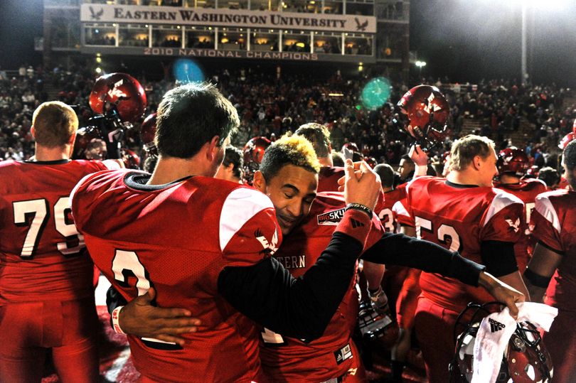 EWU QB’s Kyle Padron, left, and Vernon Adams have helped the Eagles return to glory this season and find the fans. (Tyler Tjomsland)