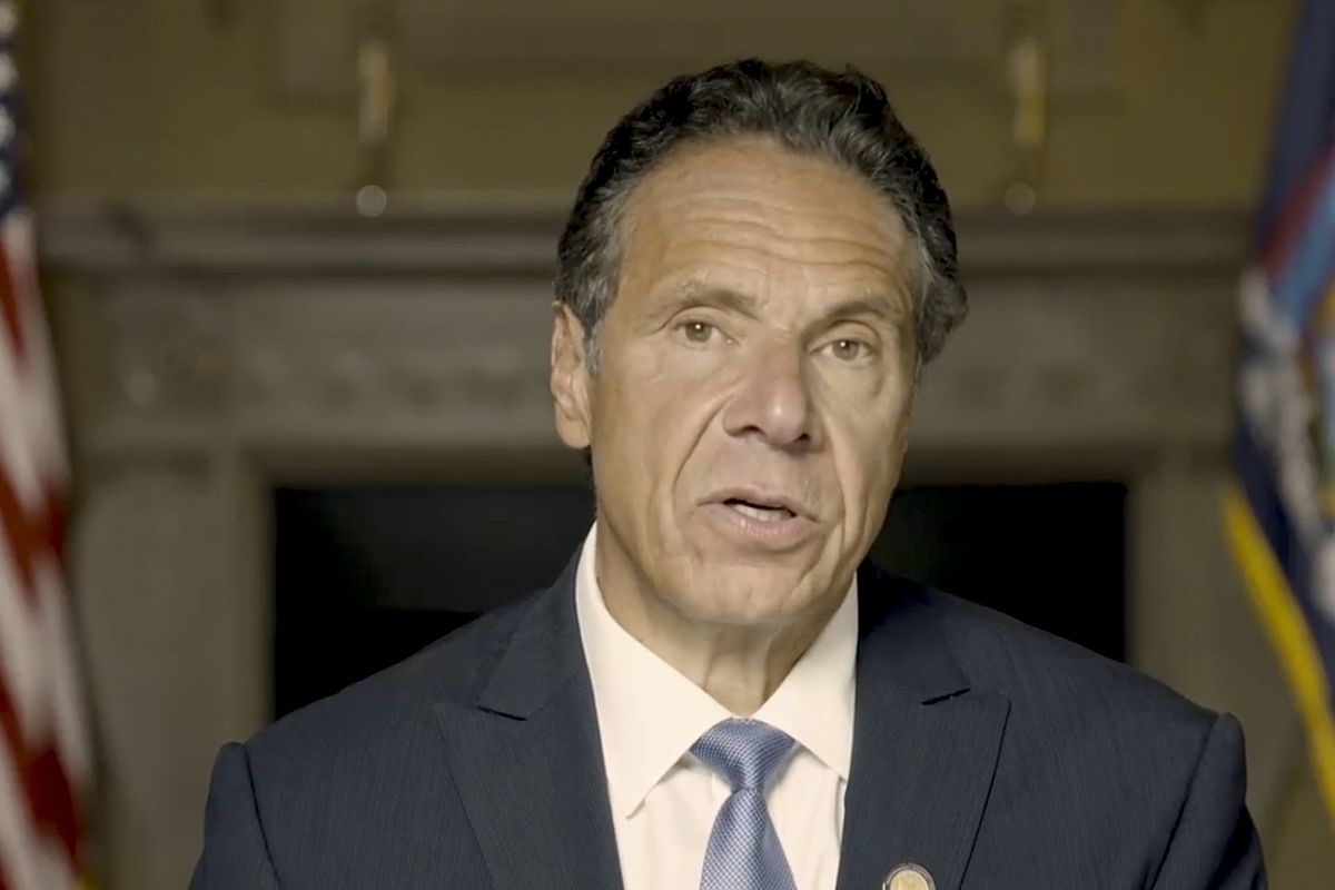 In this image taken video provided by Office of the NY Governor, New York Gov. Andrew Cuomo makes a statement in a pre-recorded video released, Tuesday, Aug. 3, 2021, in New York. An investigation into New York Gov. Andrew Cuomo has found that he sexually harassed multiple current and former state government employees. State Attorney General Letitia James announced Tuesday.  (HOGP)