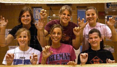 
Seniors on the Freeman High School volleyball team are, top row from left, Jesica Jackson, Brenda Trejbal and Crystal Heigh; front row,  Claire Moberg, Jessie DePell and Emma Croston.
 (Liz Kishimoto / The Spokesman-Review)