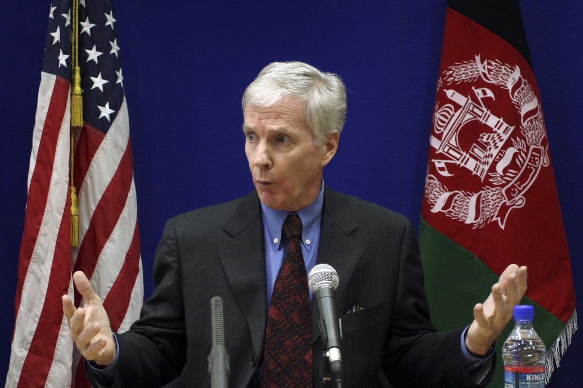 Then-U.S. ambassador to Afghanistan Ryan Crocker gestures, as he speaks during a press conference in Kabul, Afghanistan on July 27, 2011. Crocker said in an interview Friday, Aug. 13, 2021 that the collapse of the government in Afghanistan was predictable the deal struck between the United States and Taliban to withdraw.  (Musadeq Sadeq/Associated Press)