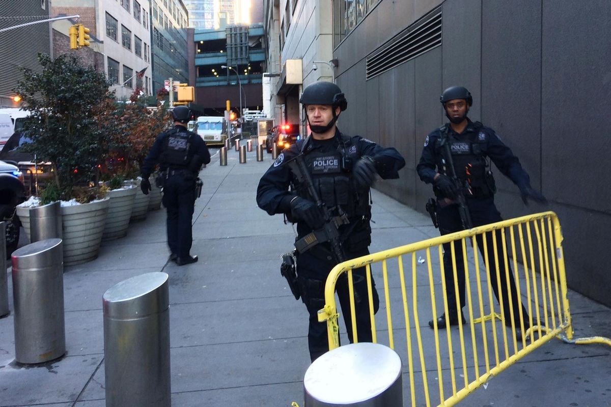 Police block off a sidewalk while responding to a report of an explosion near Times Square on Monday, Dec. 11, 2017, in New York. (Mark Lennihan / Associated Press)