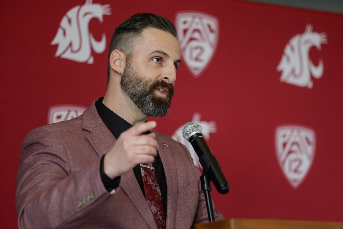Washington State athletic director Jon Haarlow speaks during his introductory news conference on April 20 at Gesa Field in Pullman.  (Geoff Crimmins/For The Spokesman-Review)