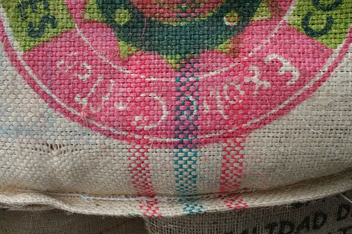 A brightly-colored coffee sack. (Megan Cooley)