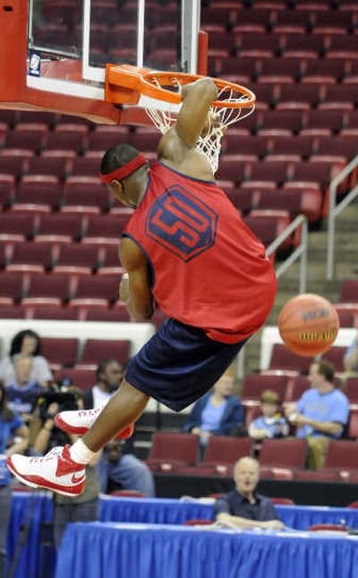 
Gonzaga reserve Ira Brown shows his leaping ability during practice Thursday. 
 (Dan Pelle / The Spokesman-Review)